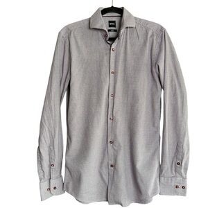 Hugo Boss Slim Fit Stretch Dress Shirt 39 / M Micro Print Burgundy Blue K43